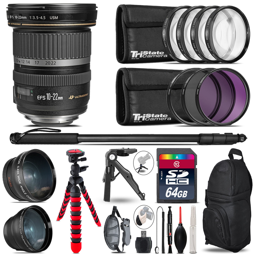 Canon EF-S 10-22mm USM - 3 Lens Kit + Tripod + Backpack - 64GB Accessory Bundle *FREE SHIPPING*