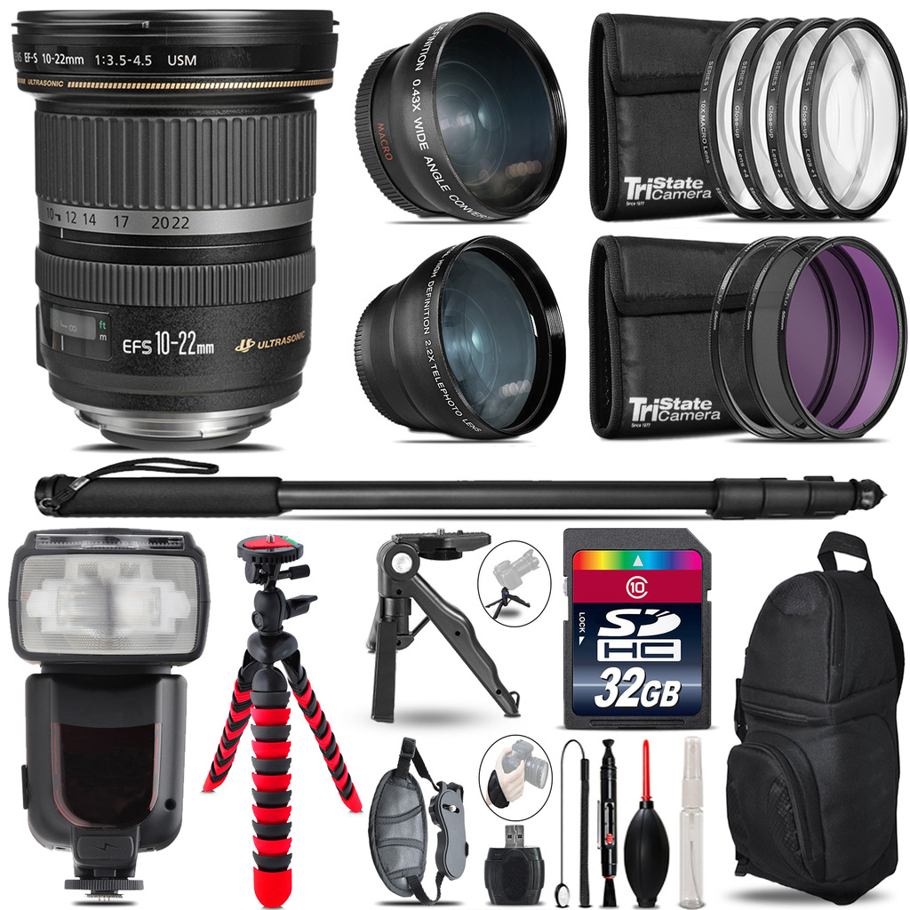 Canon EF-S 10-22mm USM - 3 Lens Kit + Professional Flash - 32GB Accessory Bundle *FREE SHIPPING*