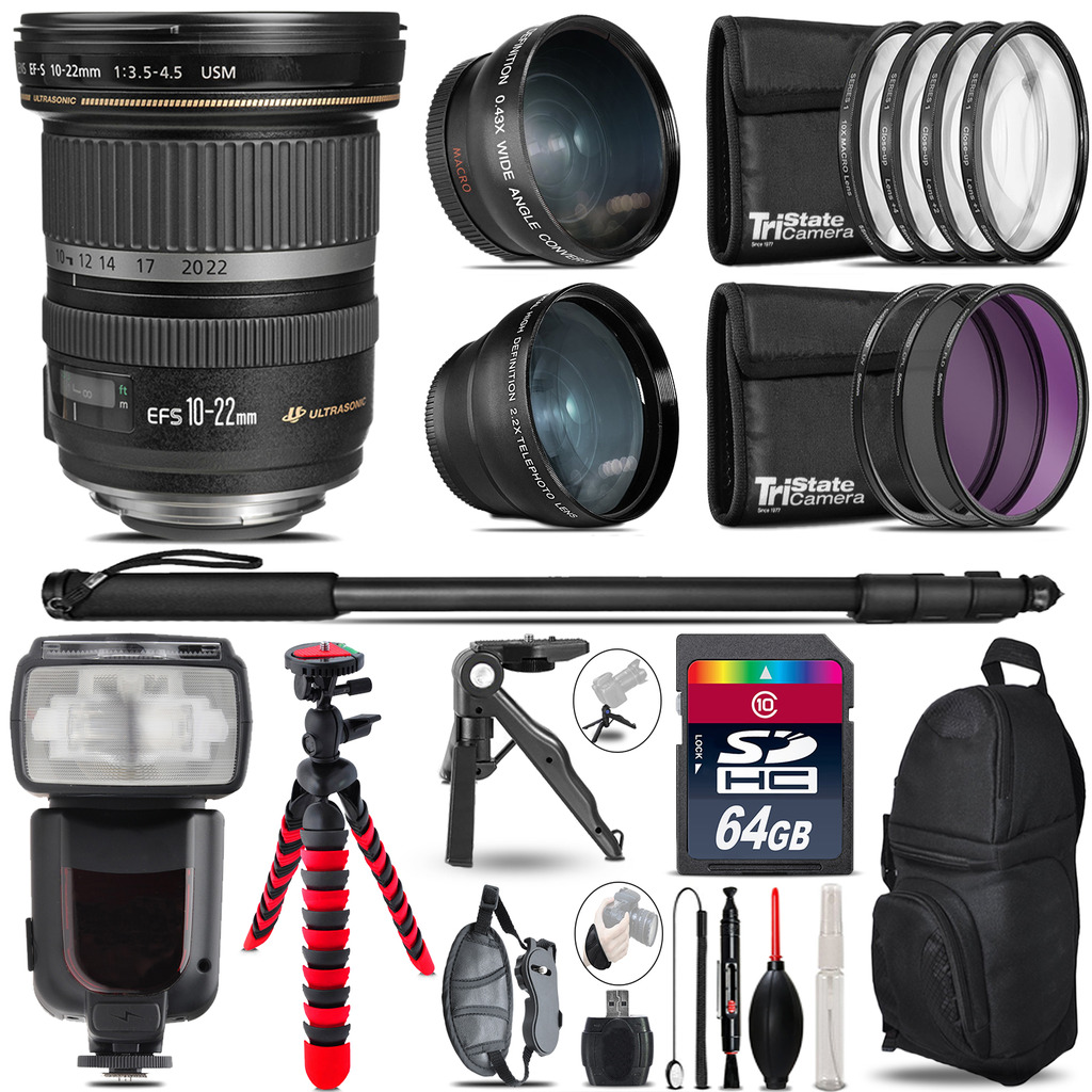 Canon EF-S 10-22mm USM - 3 Lens Kit + Professional Flash - 64GB Accessory Bundle *FREE SHIPPING*