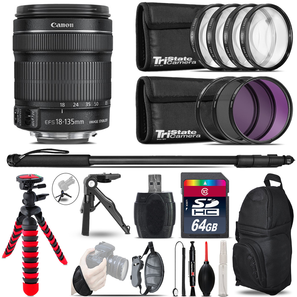 Canon 18-135mm IS STM + MACRO, UV-CPL-FLD Filter + Monopod - 64GB Accessory Kit *FREE SHIPPING*