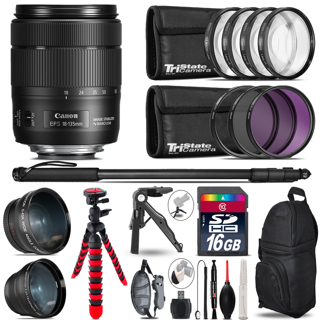 Canon 18-135mm IS USM - 3 Lens Kit + Tripod + Backpack - 16GB Accessory Bundle *FREE SHIPPING*