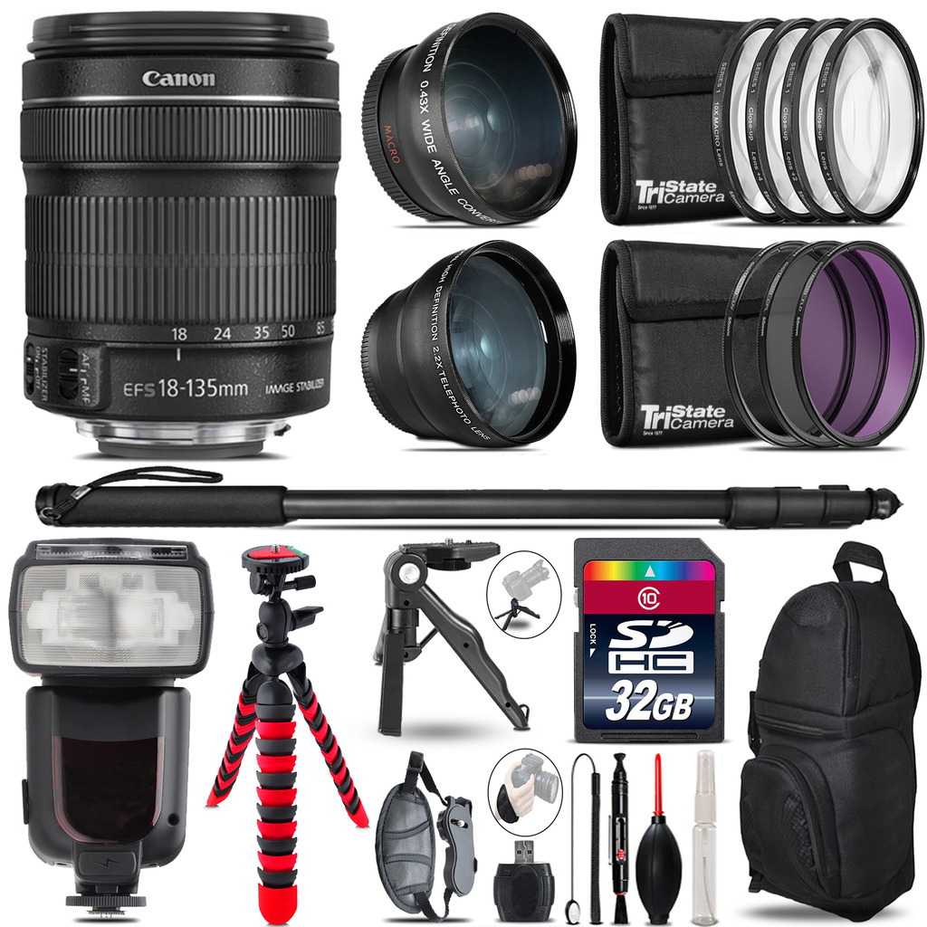 Canon 18-135mm IS STM - 3 Lens Kit + Professional Flash - 32GB Accessory Bundle *FREE SHIPPING*