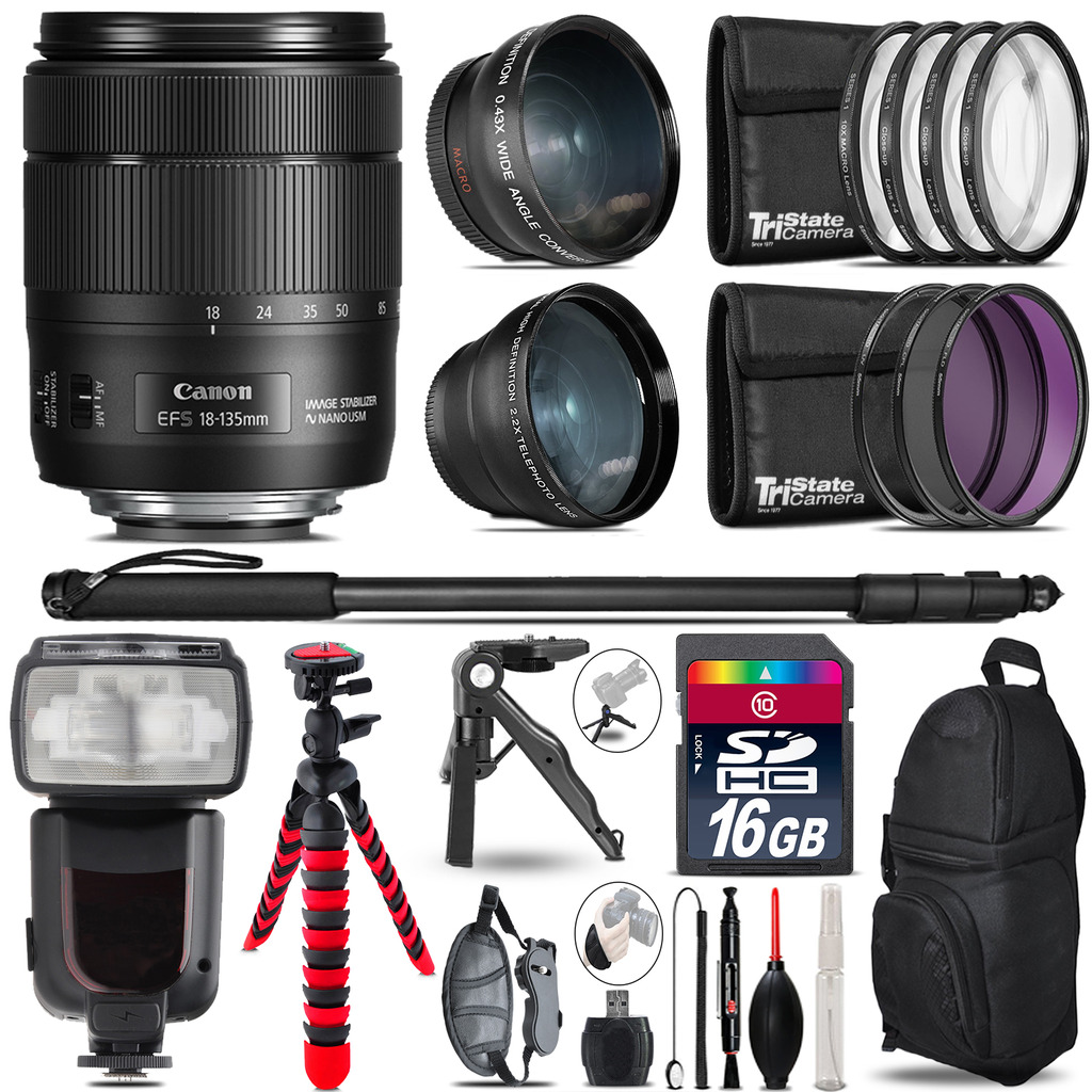 Canon 18-135mm IS USM - 3 Lens Kit + Professional Flash - 16GB Accessory Bundle *FREE SHIPPING*
