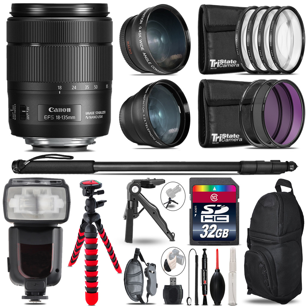 Canon 18-135mm IS USM - 3 Lens Kit + Professional Flash - 32GB Accessory Bundle *FREE SHIPPING*