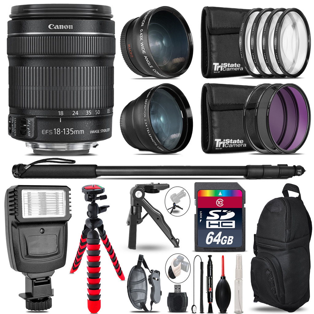 Canon 18-135mm IS STM -3 Lens Kit + Slave Flash + Tripod - 64GB Accessory Bundle *FREE SHIPPING*
