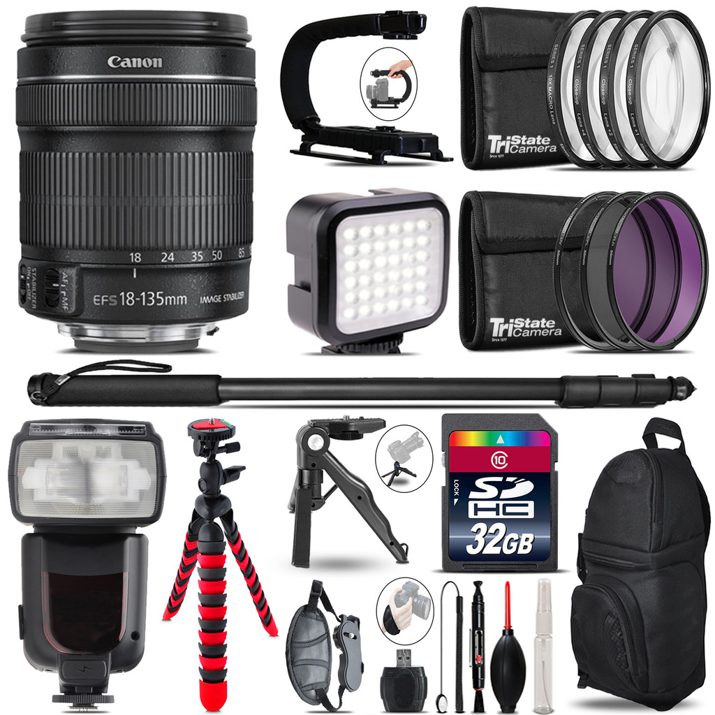 Canon 18-135mm IS STM - Video Kit + Pro Flash + Monopod - 32GB Accessory Bundle *FREE SHIPPING*