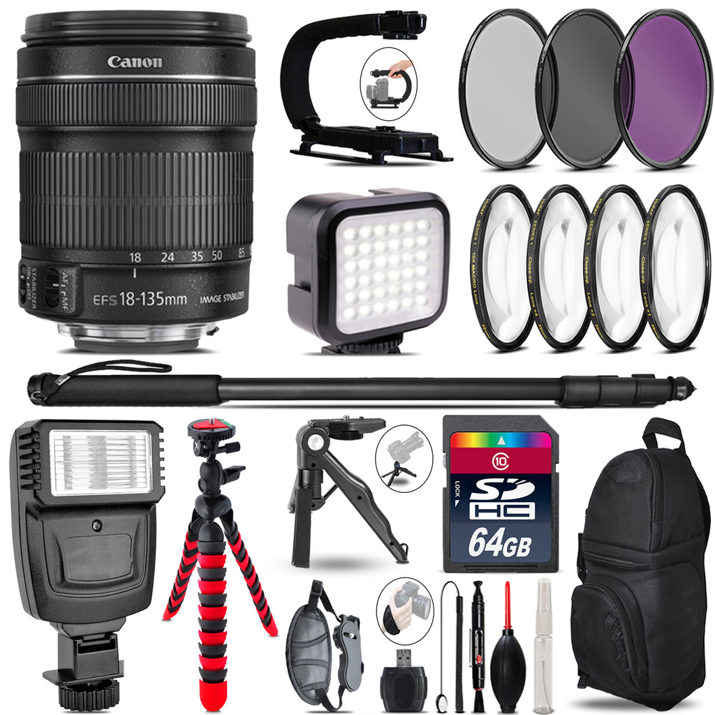 Canon 18-135mm IS STM -Video Kit + Slave Flash + Monopod - 64GB Accessory Bundle *FREE SHIPPING*