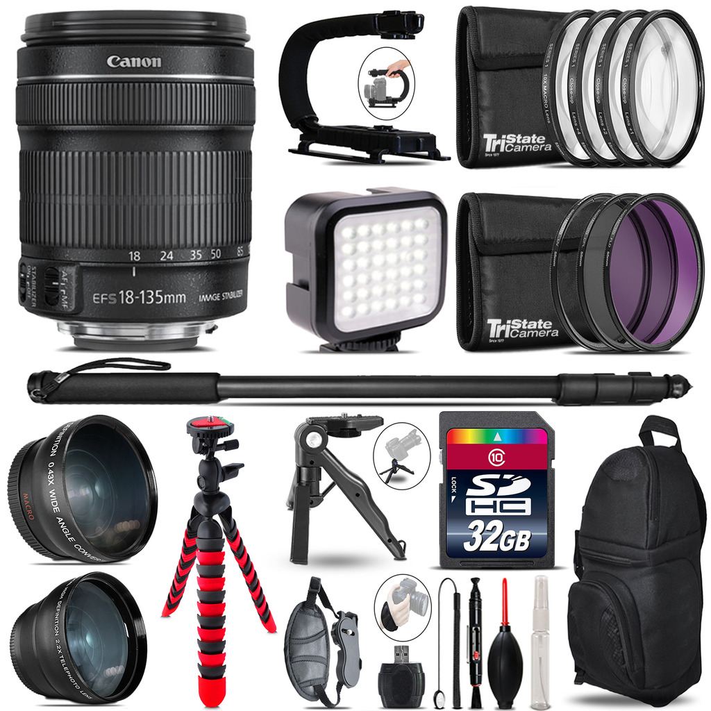 Canon EFS 18-135mm IS STM -Video Kit + LED KIt + Monopod - 32GB Accessory Bundle *FREE SHIPPING*