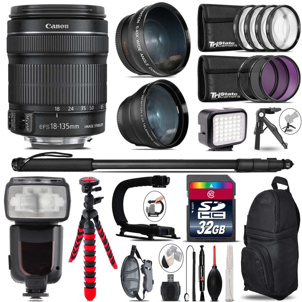 Canon 18-135mm IS STM + Pro Flash + LED Light + Tripod - 32GB Accessory Bundle *FREE SHIPPING*