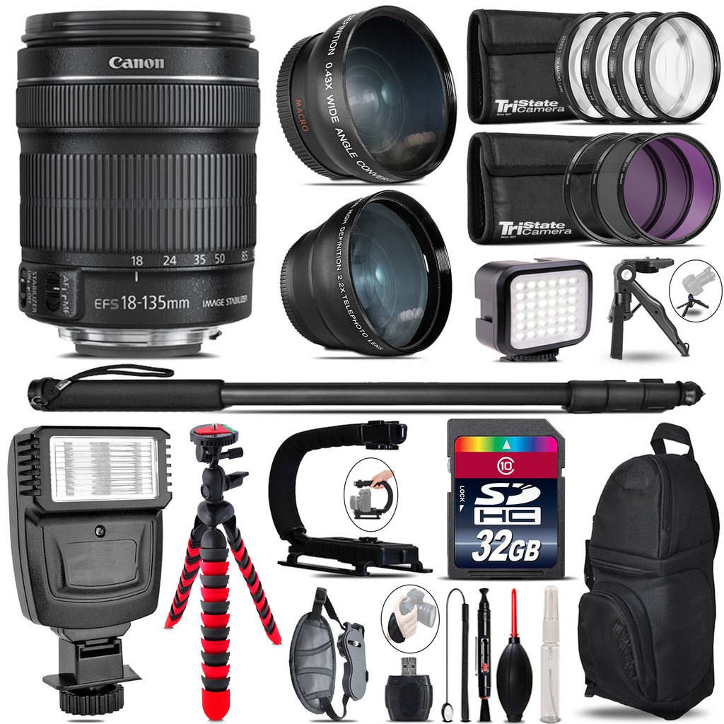 Canon 18-135mm IS STM + Slave Flash + LED Light + Tripod - 32GB Accessory Bundle *FREE SHIPPING*