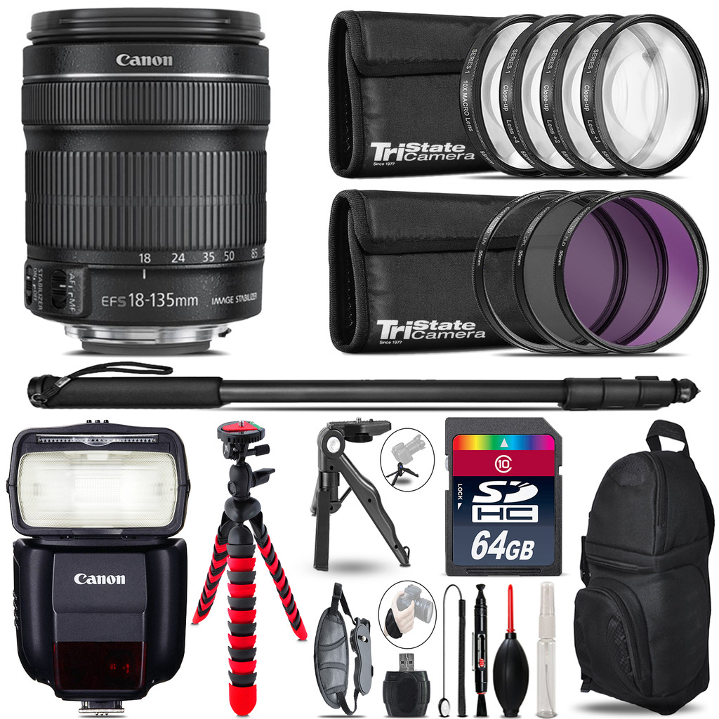 Canon 18-135mm IS STM + Speedlite 430EX III-RT + UV-CPL-FLD - 64GB Accessory Kit *FREE SHIPPING*