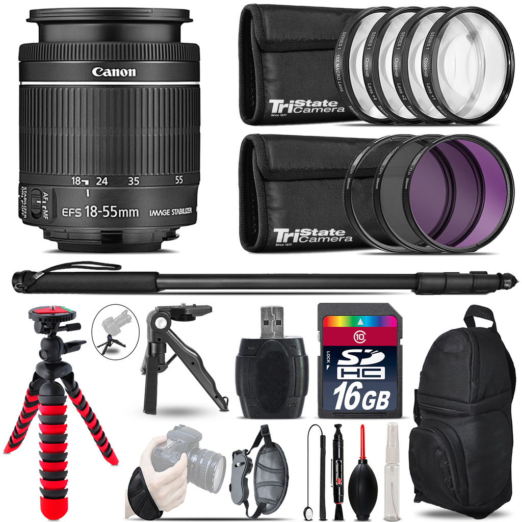 Canon 18-55mm IS STM + MACRO, UV-CPL-FLD Filter + Monopod - 16GB Accessory Kit *FREE SHIPPING*