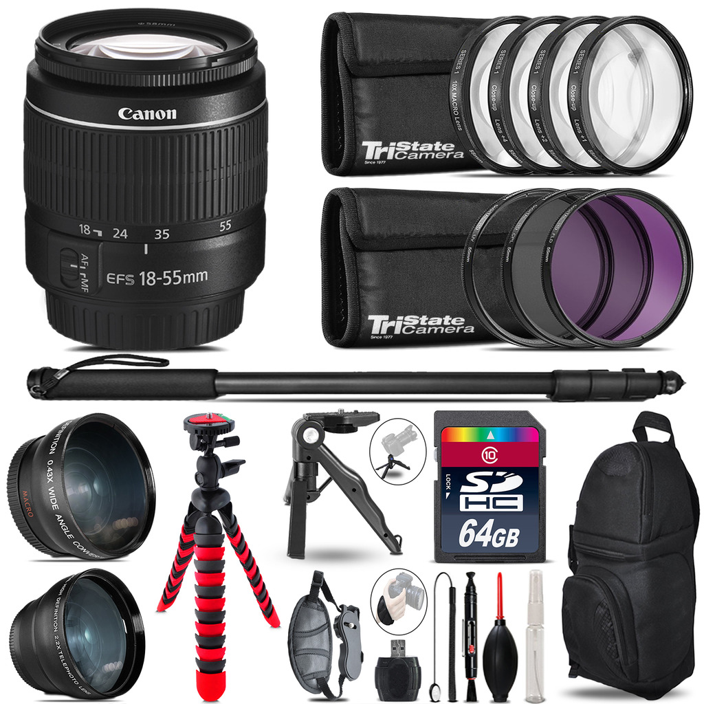 Canon EF-S 18-55mm III - 3 Lens Kit + Tripod + Backpack - 64GB Accessory Bundle *FREE SHIPPING*