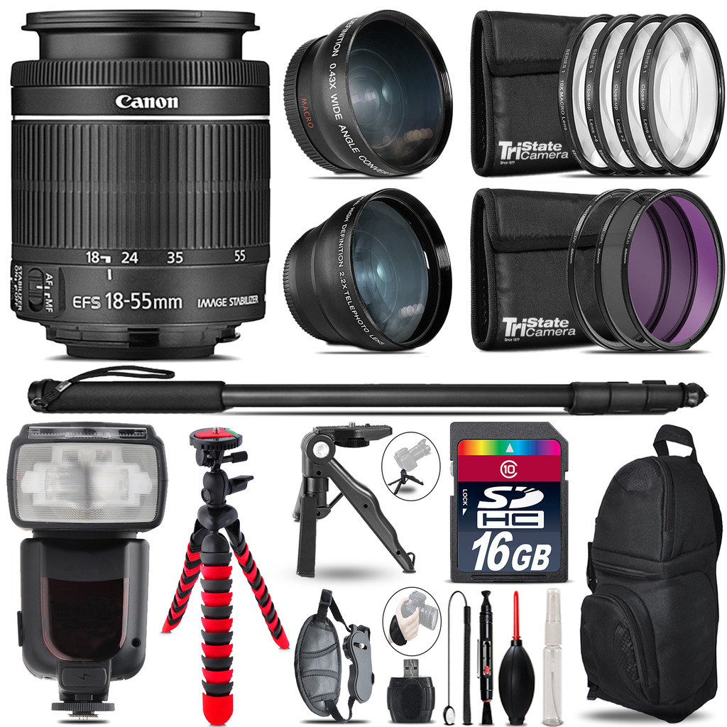 EF-S 18-55mm IS STM - 3 Lens Kit + Professional Flash - 16GB Accessory Bundle *FREE SHIPPING*