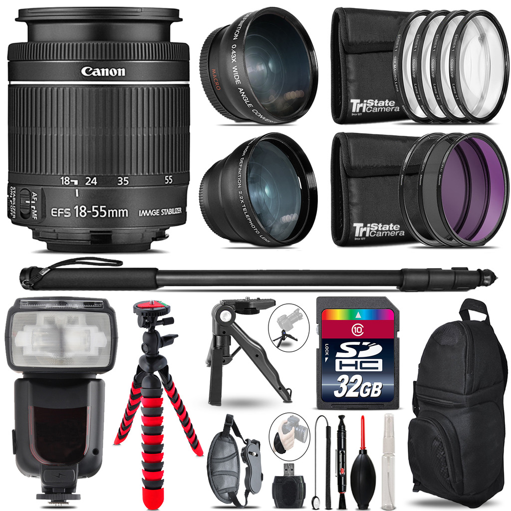 EF-S 18-55mm IS STM - 3 Lens Kit + Professional Flash - 32GB Accessory Bundle *FREE SHIPPING*