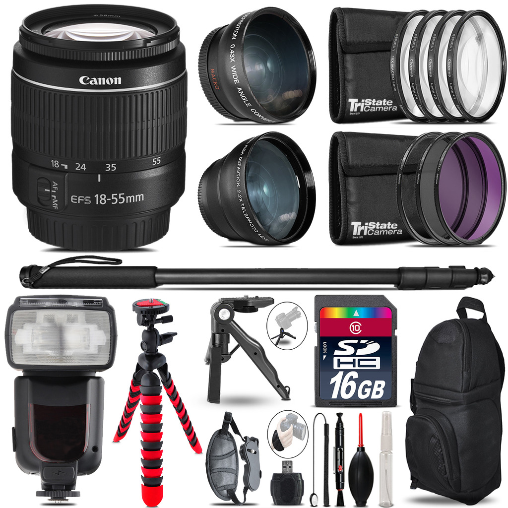 Canon EF-S 18-55mm III - 3 Lens Kit + Professional Flash - 16GB Accessory Bundle *FREE SHIPPING*