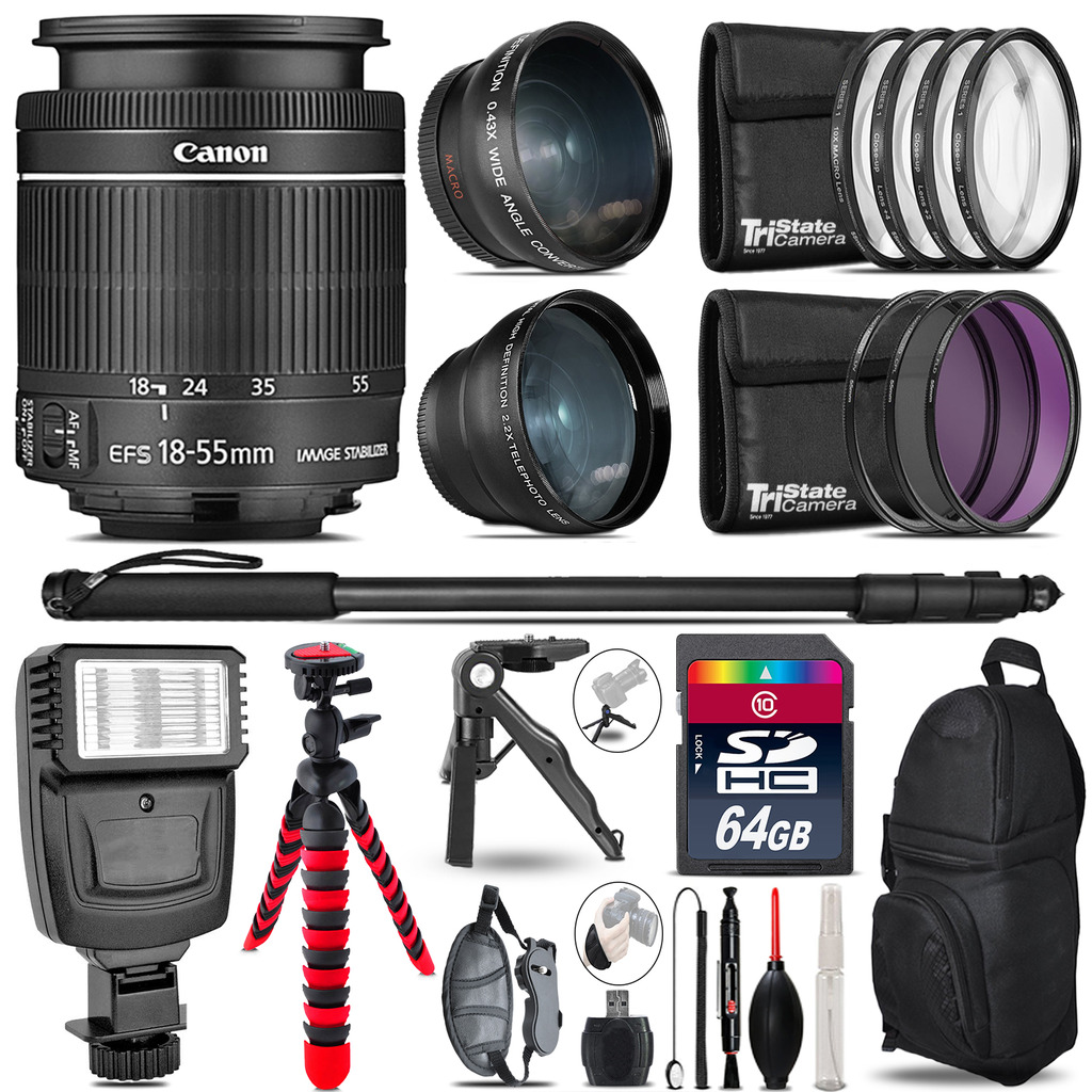 Canon 18-55mm IS STM - 3 Lens Kit + Slave Flash + Tripod - 64GB Accessory Bundle *FREE SHIPPING*