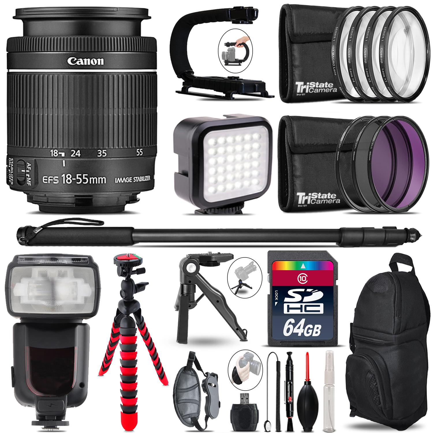 Canon 18-55mm IS STM - Video Kit + Pro Flash + Monopod - 64GB Accessory Bundle *FREE SHIPPING*