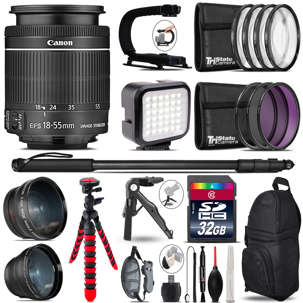 Canon EFS 18-55mm IS STM - Video Kit + LED KIt + Monopod - 32GB Accessory Bundle *FREE SHIPPING*