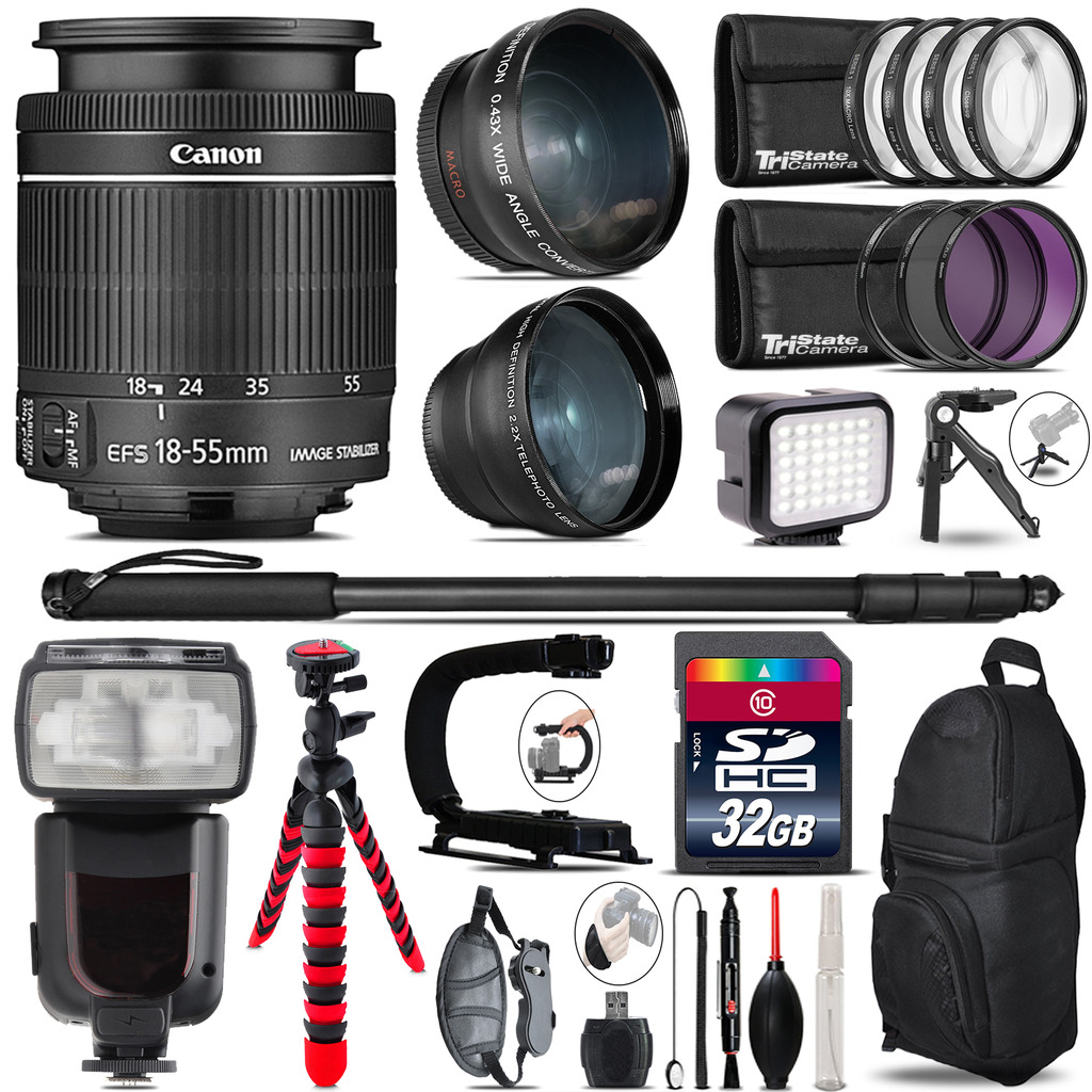 Canon 18-55mm IS STM + Pro Flash + LED Light + Tripod - 32GB Accessory Bundle *FREE SHIPPING*