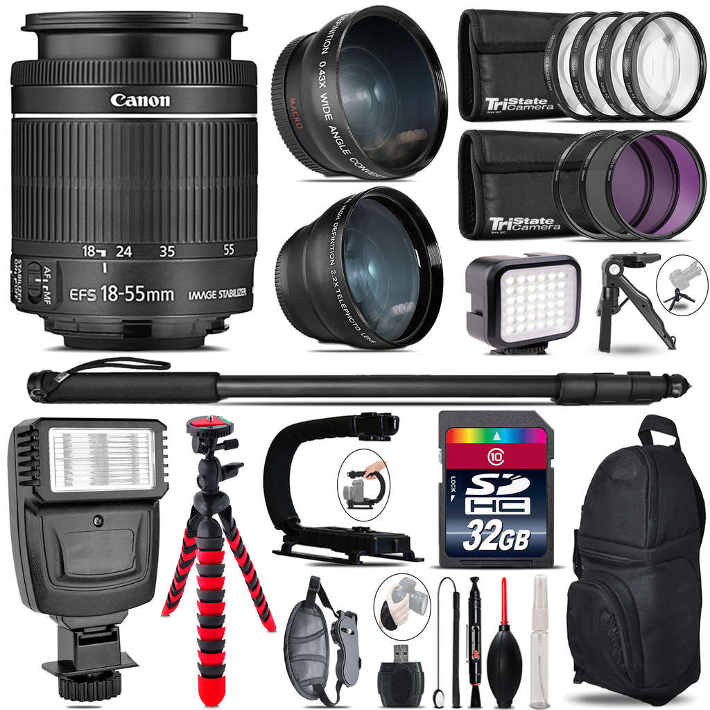Canon 18-55mm IS STM + Slave Flash + LED Light + Tripod - 32GB Accessory Bundle *FREE SHIPPING*