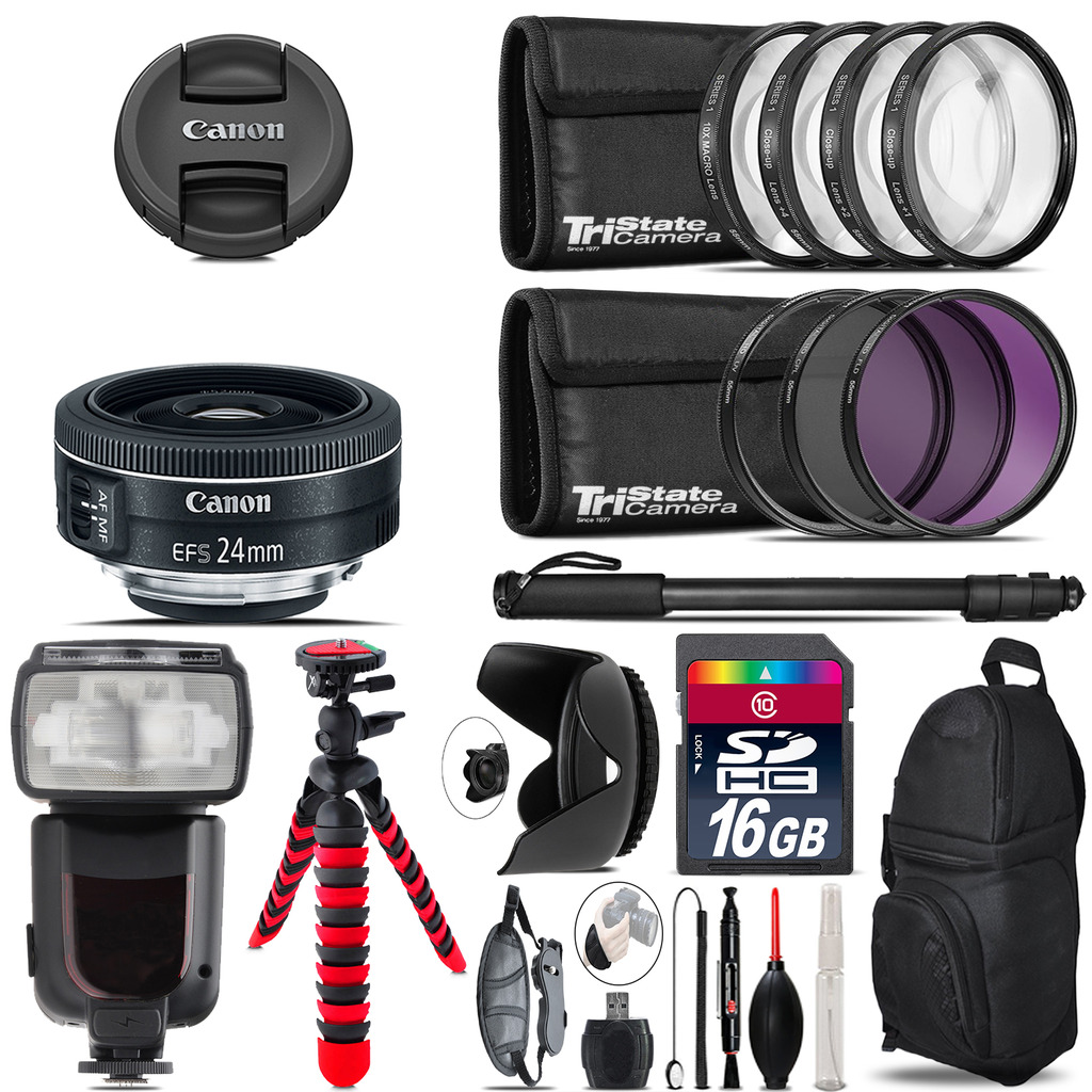 Canon EF-S 24mm f/2.8 STM Lens + Professional Flash & More - 16GB Accessory Kit *FREE SHIPPING*