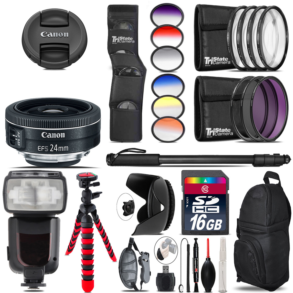Canon EF-S 24mm f/2.8 STM Lens + Pro Flash + Filter Kit - 16GB Accessory Kit *FREE SHIPPING*