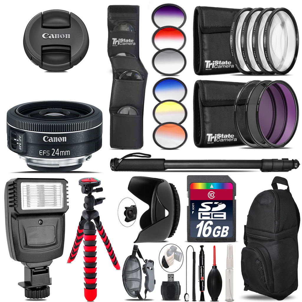 Canon EF-S 24mm f/2.8 STM Lens + Flash + Color Filter Set - 16GB Accessory Kit *FREE SHIPPING*