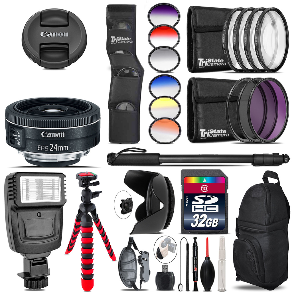 Canon EF-S 24mm f/2.8 STM Lens + Flash + Color Filter Set - 32GB Accessory Kit *FREE SHIPPING*