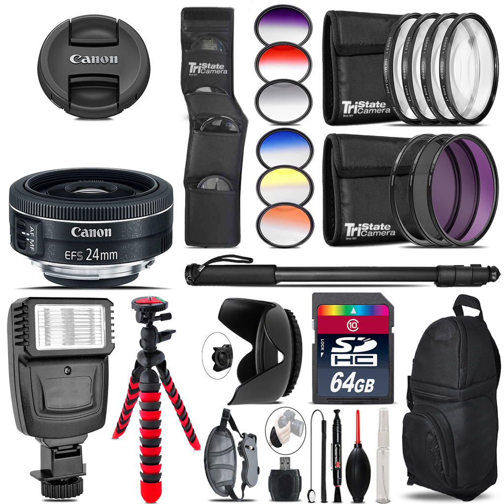 Canon EF-S 24mm f/2.8 STM Lens + Flash + Color Filter Set - 64GB Accessory Kit *FREE SHIPPING*