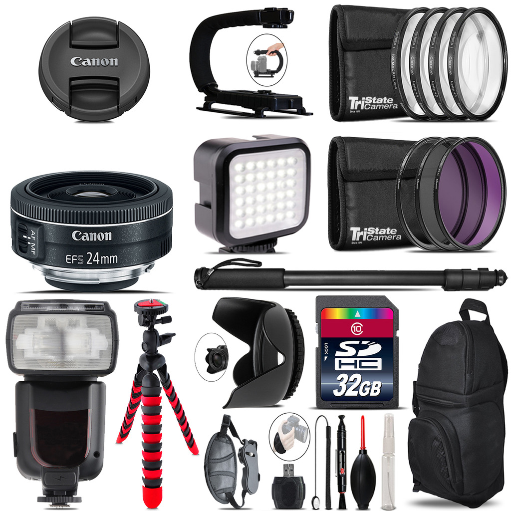 Canon EF-S 24mm f/2.8 STM Lens - Video Kit + Pro Flash - 32GB Accessory Bundle *FREE SHIPPING*