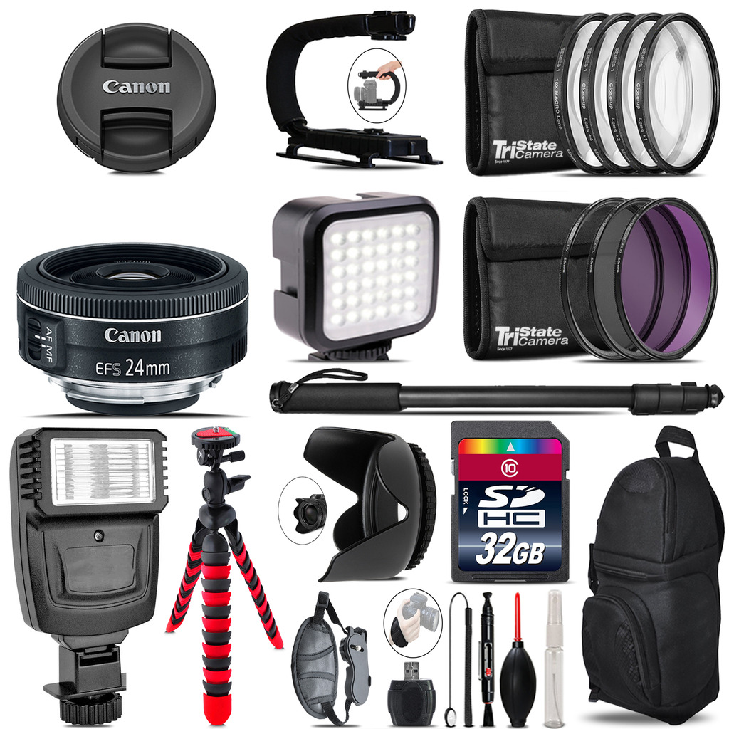 Canon EF-S 24mm f/2.8 STM Lens - Video Kit +  Flash - 32GB Accessory Bundle *FREE SHIPPING*