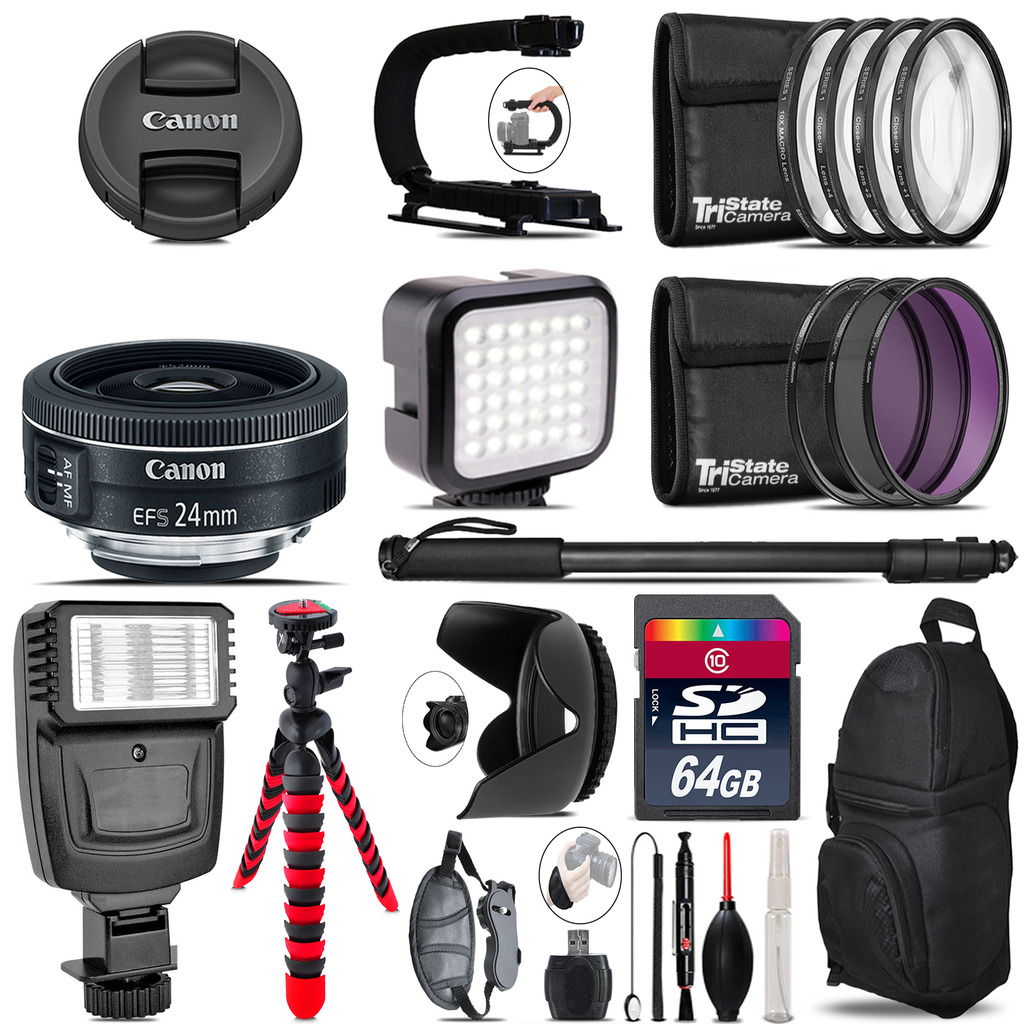 Canon EF-S 24mm f/2.8 STM Lens - Video Kit +  Flash - 64GB Accessory Bundle *FREE SHIPPING*