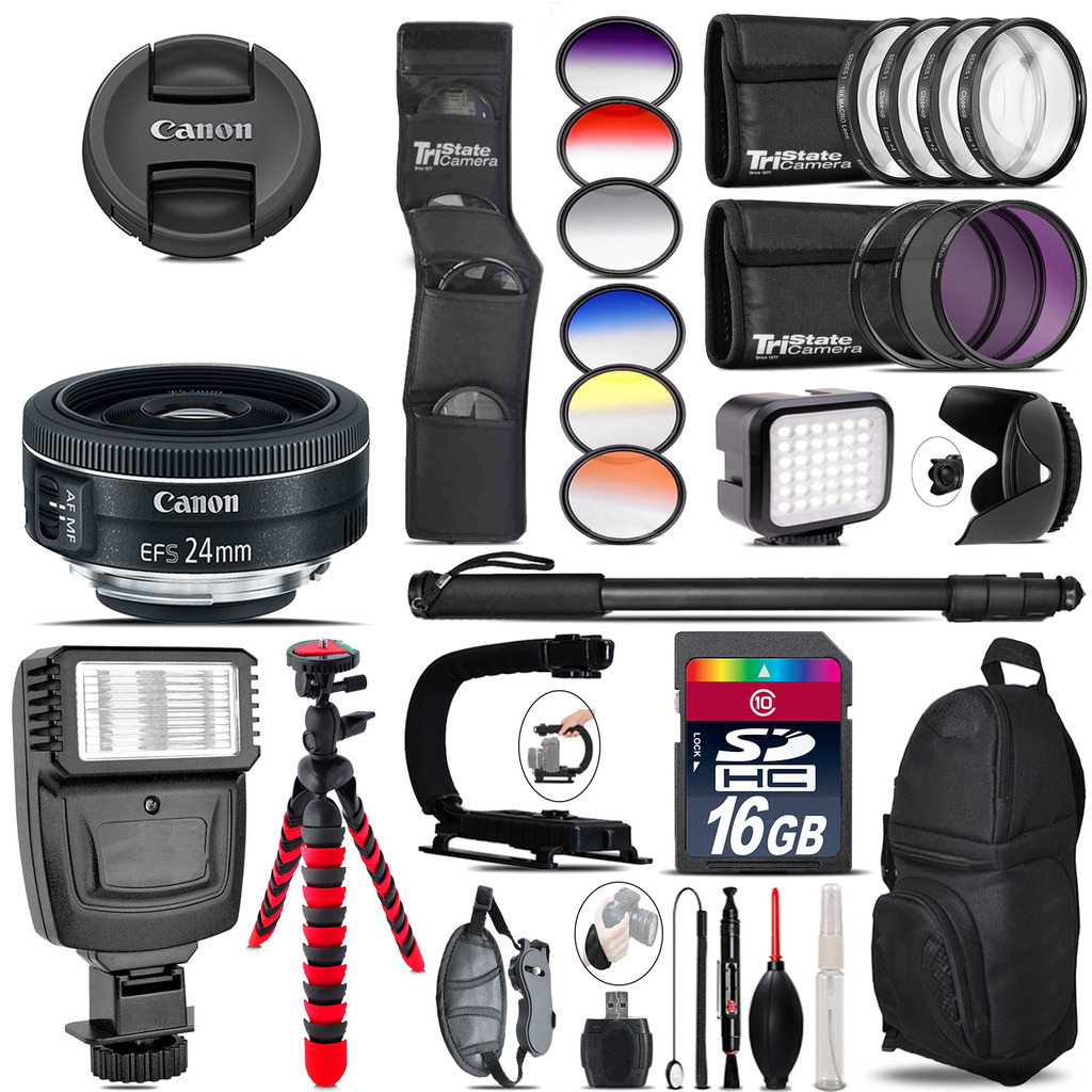 Canon EF-S 24mm f/2.8 STM Lens + Color Set + LED Light - 16GB Accessory Bundle *FREE SHIPPING*