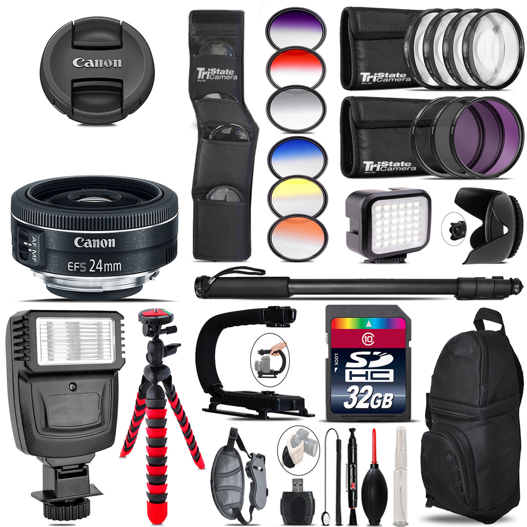 Canon EF-S 24mm f/2.8 STM Lens + Color Set + LED Light - 32GB Accessory Bundle *FREE SHIPPING*