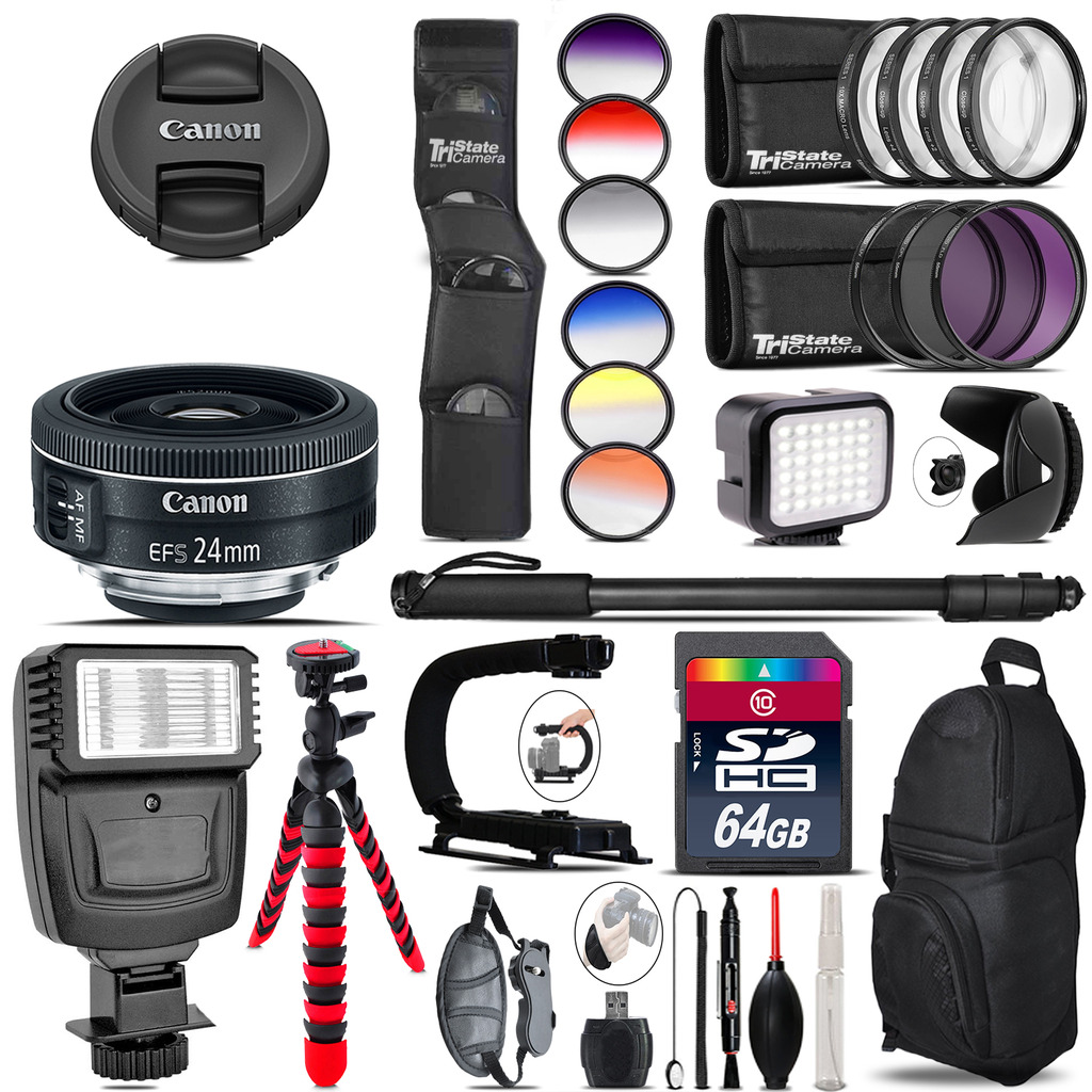 Canon EF-S 24mm f/2.8 STM Lens + Color Set + LED Light - 64GB Accessory Bundle *FREE SHIPPING*