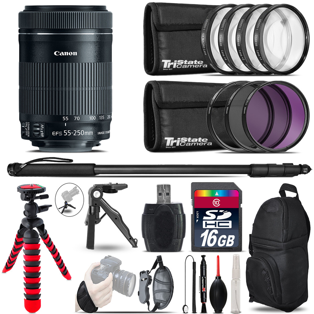 Canon 55-250mm IS STM + MACRO, UV-CPL-FLD Filter + Monopod - 16GB Accessory Kit *FREE SHIPPING*