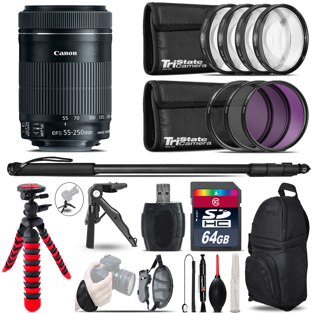 Canon 55-250mm IS STM + MACRO, UV-CPL-FLD Filter + Monopod - 64GB Accessory Kit *FREE SHIPPING*