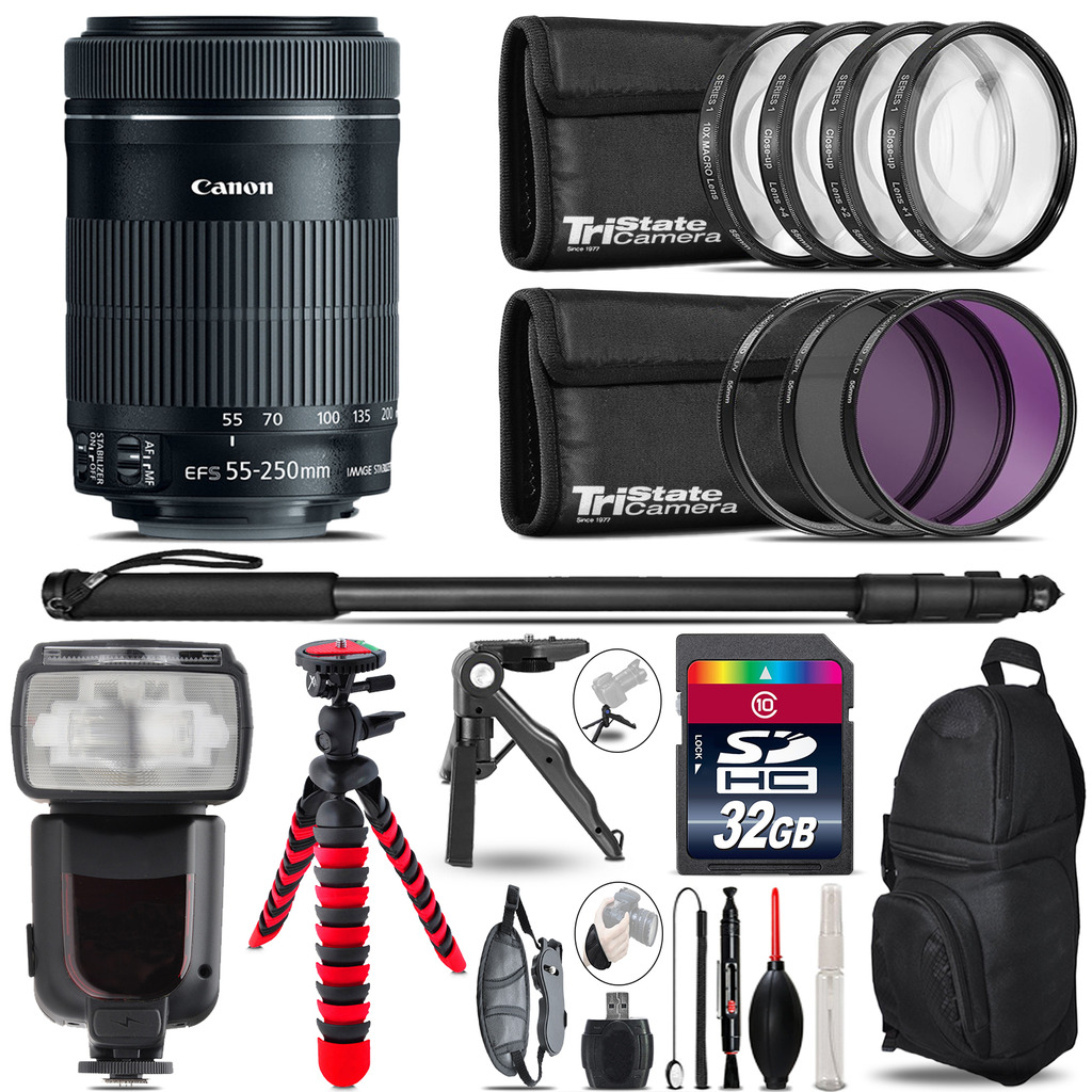 Canon 55-250mm IS STM + Professional Flash + Macro Kit - 32GB Accessory Bundle *FREE SHIPPING*