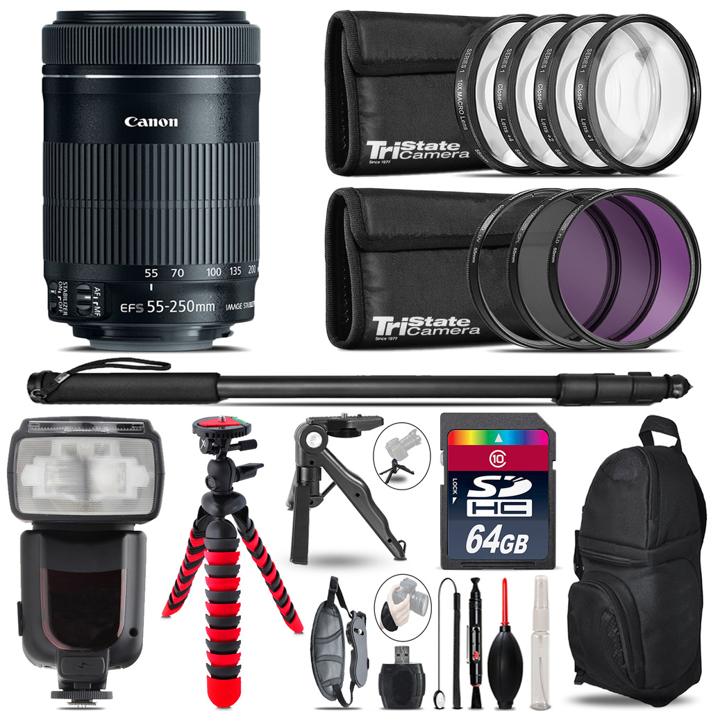 Canon 55-250mm IS STM + Professional Flash + Macro Kit - 64GB Accessory Bundle *FREE SHIPPING*