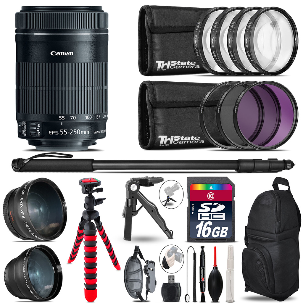 Canon 55-250mm IS STM - 3 Lens Kit + Tripod + Backpack - 16GB Accessory Bundle *FREE SHIPPING*