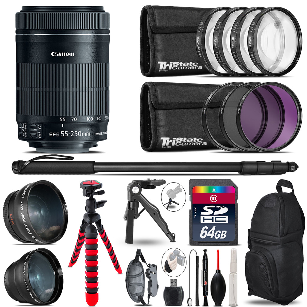 Canon 55-250mm IS STM - 3 Lens Kit + Tripod + Backpack - 64GB Accessory Bundle *FREE SHIPPING*