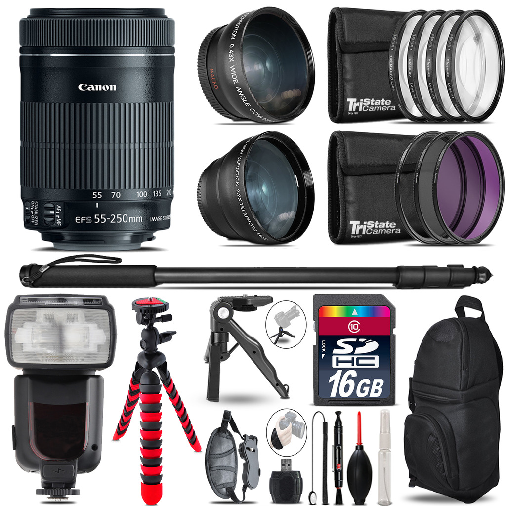 Canon 55-250mm IS STM - 3 Lens Kit + Professional Flash - 16GB Accessory Bundle *FREE SHIPPING*