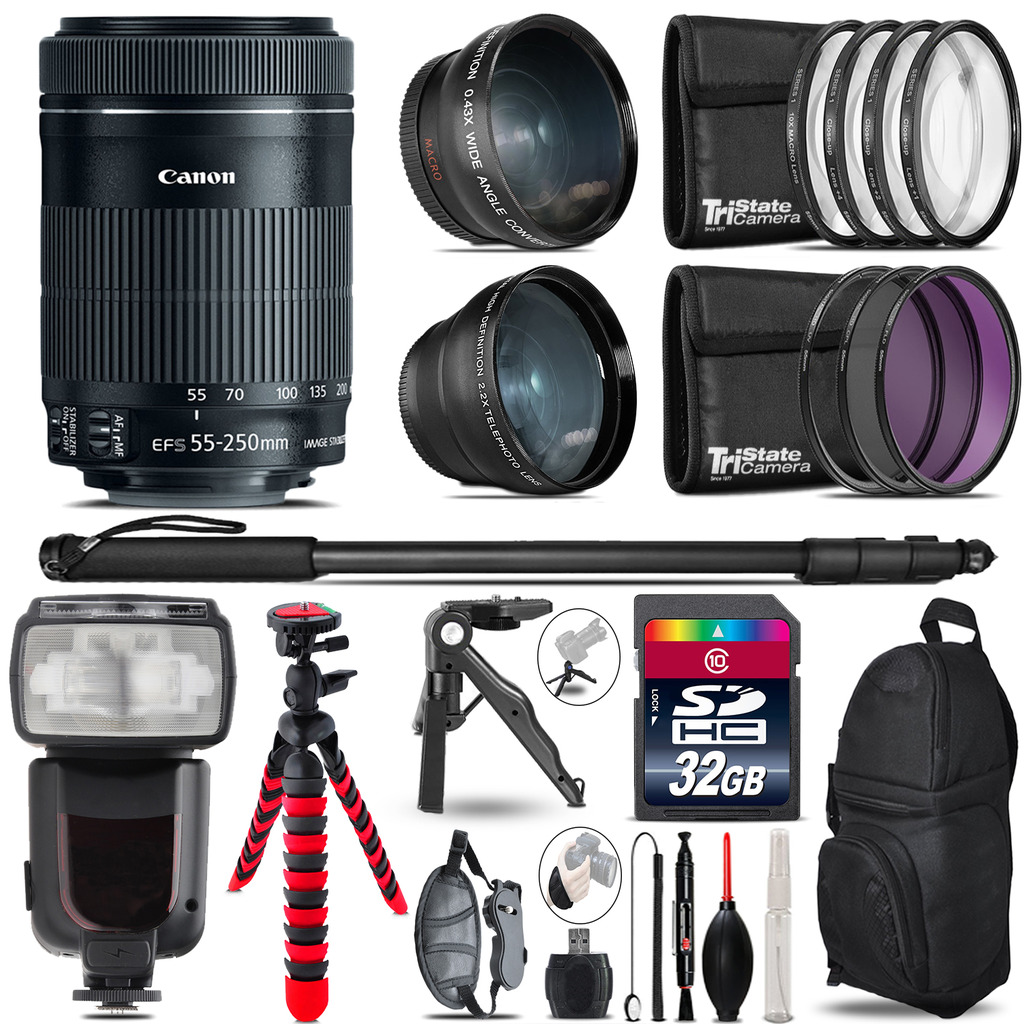 Canon 55-250mm IS STM - 3 Lens Kit + Professional Flash - 32GB Accessory Bundle *FREE SHIPPING*