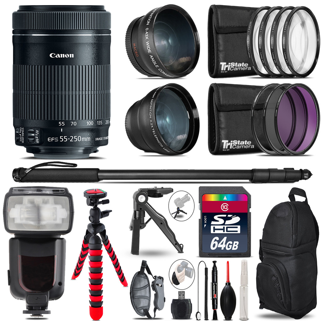 Canon 55-250mm IS STM - 3 Lens Kit + Professional Flash - 64GB Accessory Bundle *FREE SHIPPING*