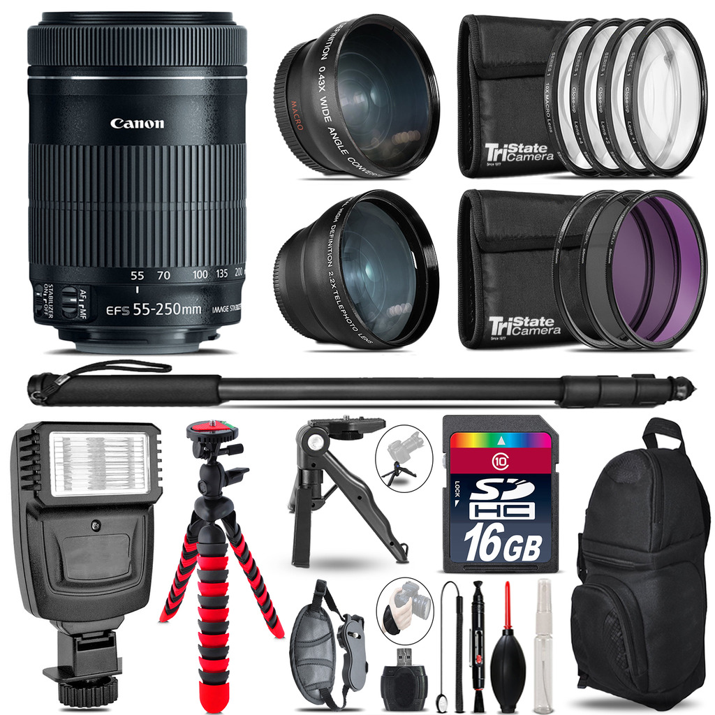 Canon 55-250mm IS STM - 3 Lens Kit + Slave Flash + Tripod - 16GB Accessory Kit *FREE SHIPPING*