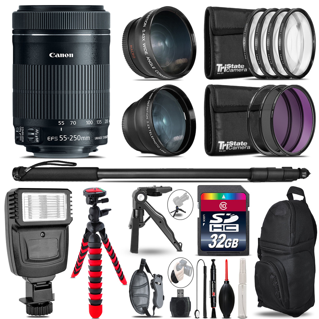 Canon 55-250mm IS STM -3 Lens Kit + Slave Flash + Tripod - 32GB Accessory Bundle *FREE SHIPPING*