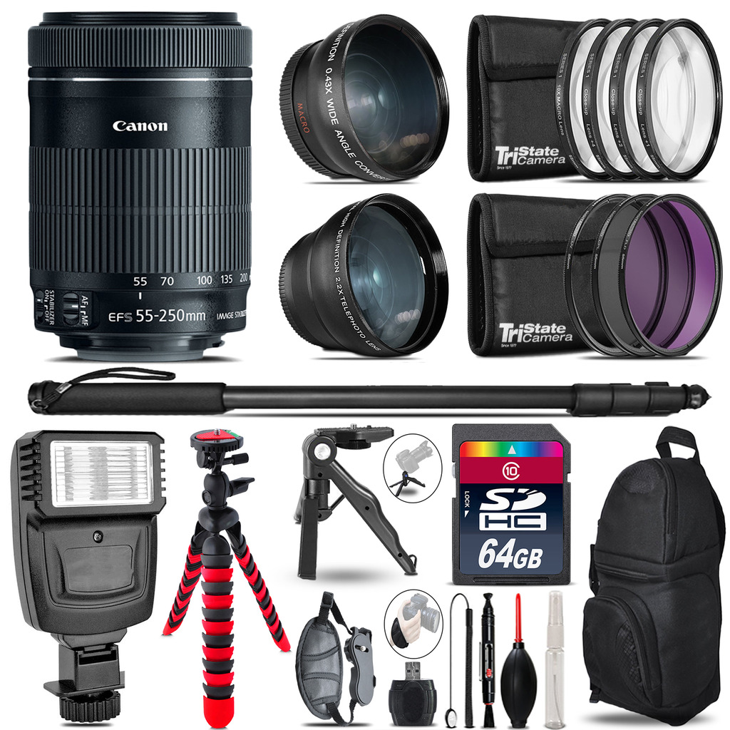 Canon 55-250mm IS STM -3 Lens Kit + Slave Flash + Tripod - 64GB Accessory Bundle *FREE SHIPPING*