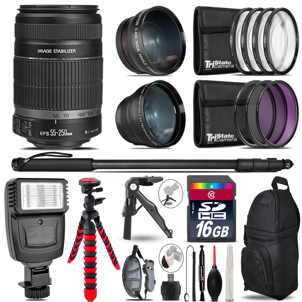 Canon EF-S 55-250 IS - 3 Lens Kit + Slave Flash + Tripod - 16GB Accessory Bundle *FREE SHIPPING*