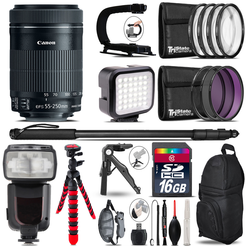 Canon 55-250mm IS STM - Video Kit + Pro Flash + Monopod - 16GB Accessory Bundle *FREE SHIPPING*